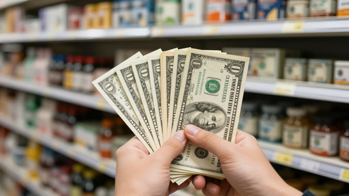 Hand holding cash near retail inventory