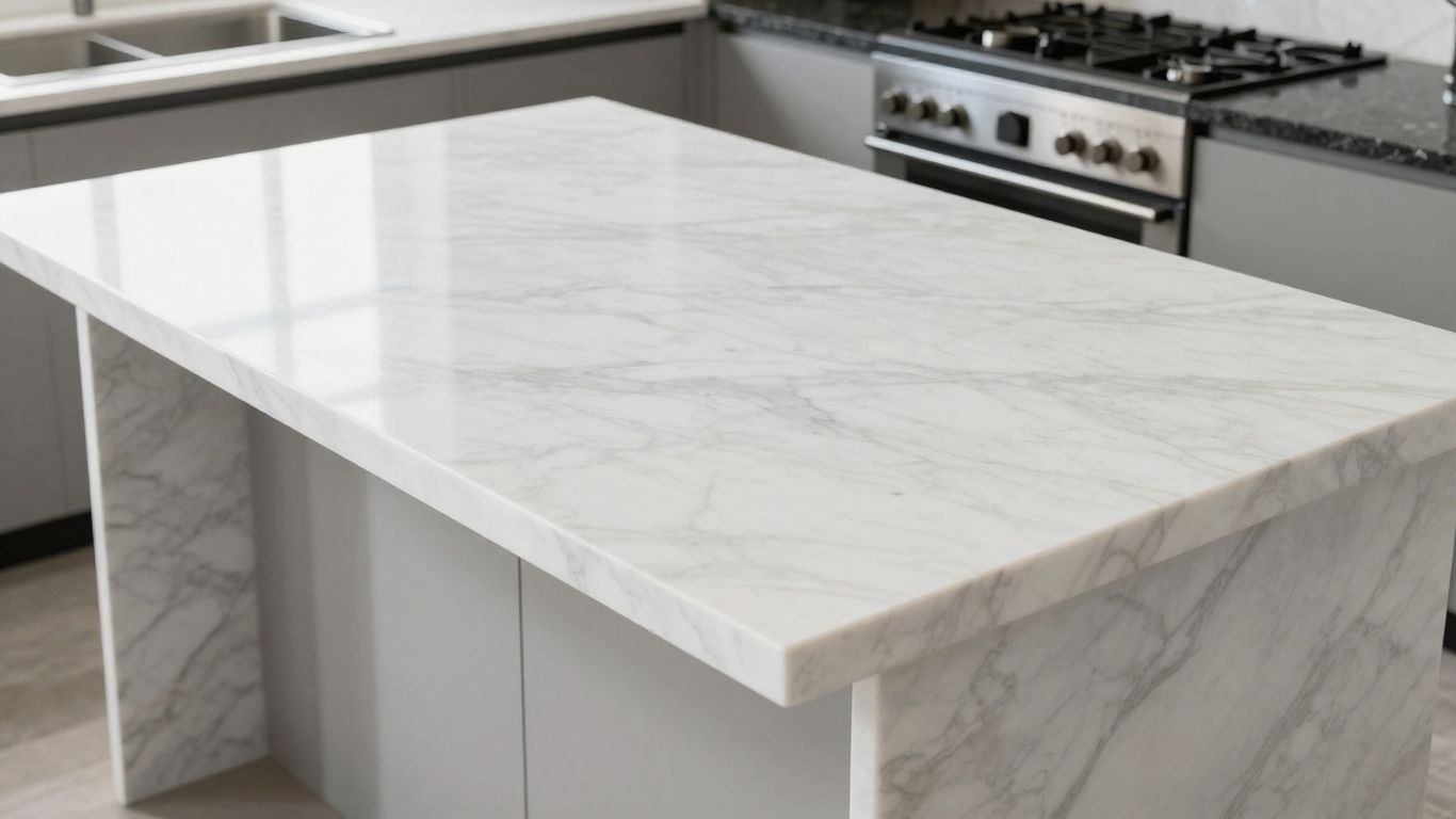 Kitchen island with white marble worktop next to granite