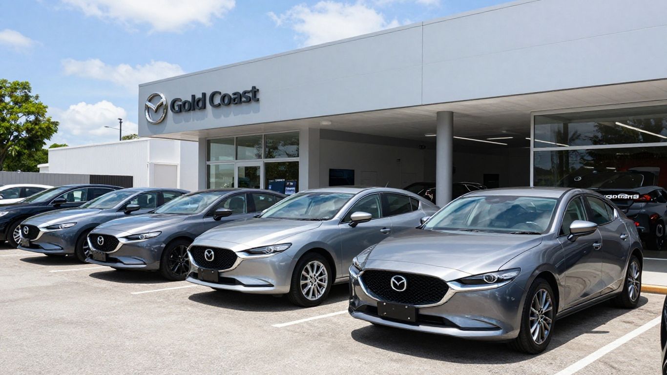 Gold Coast Mazda dealership with cars and building.