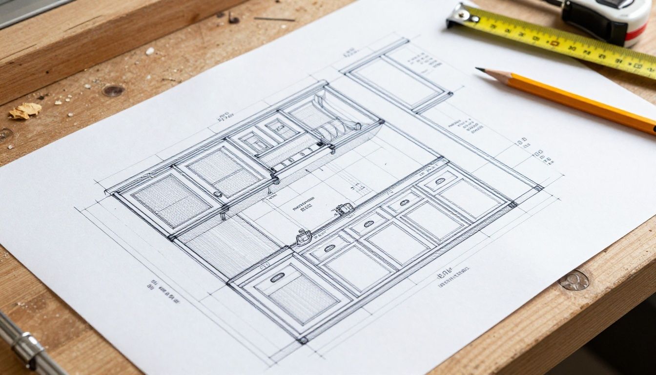 Detailed cabinet drawings with measurements and specifications.