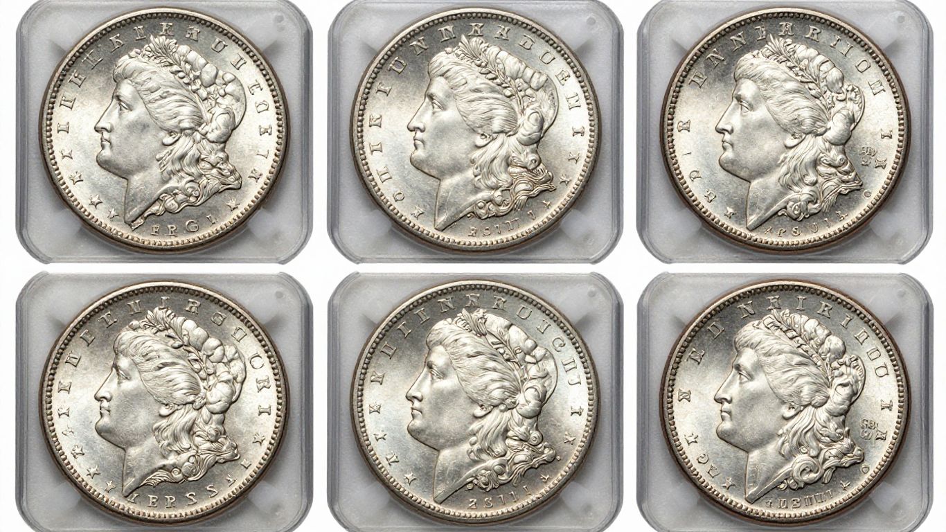 Morgan silver dollars in protective coin holders.