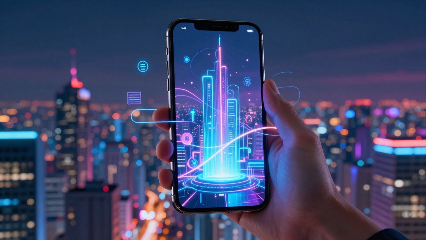 Futuristic cityscape viewed through a holographic smartphone screen.