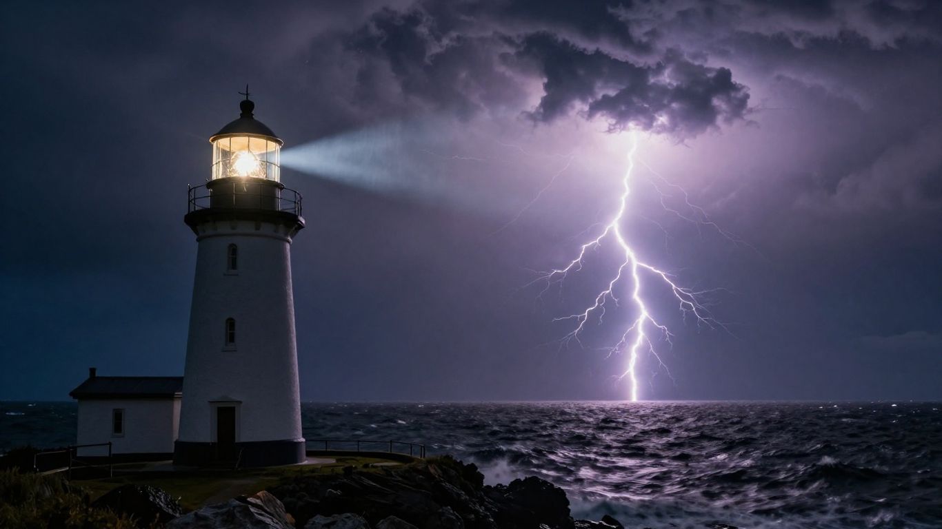 Stormy skies over a stable lighthouse and rough seas.
