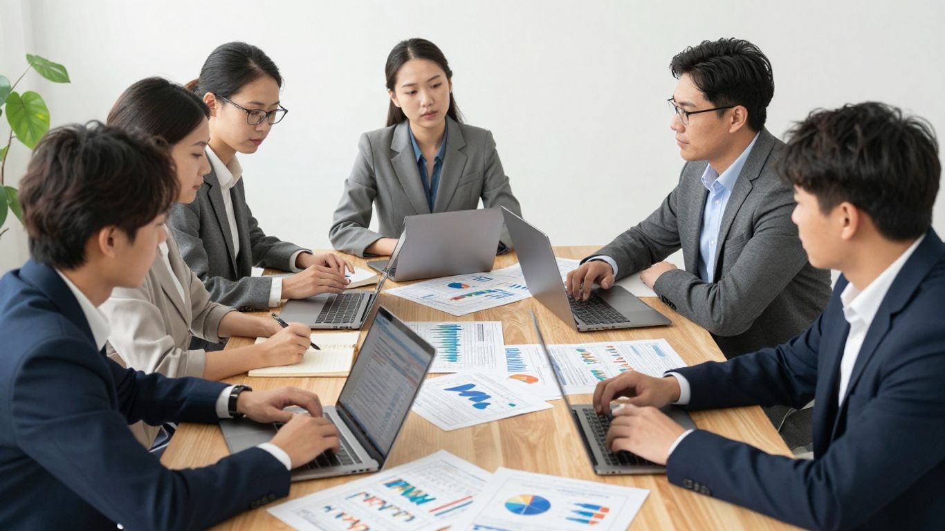 People reviewing complex charts and financial documents