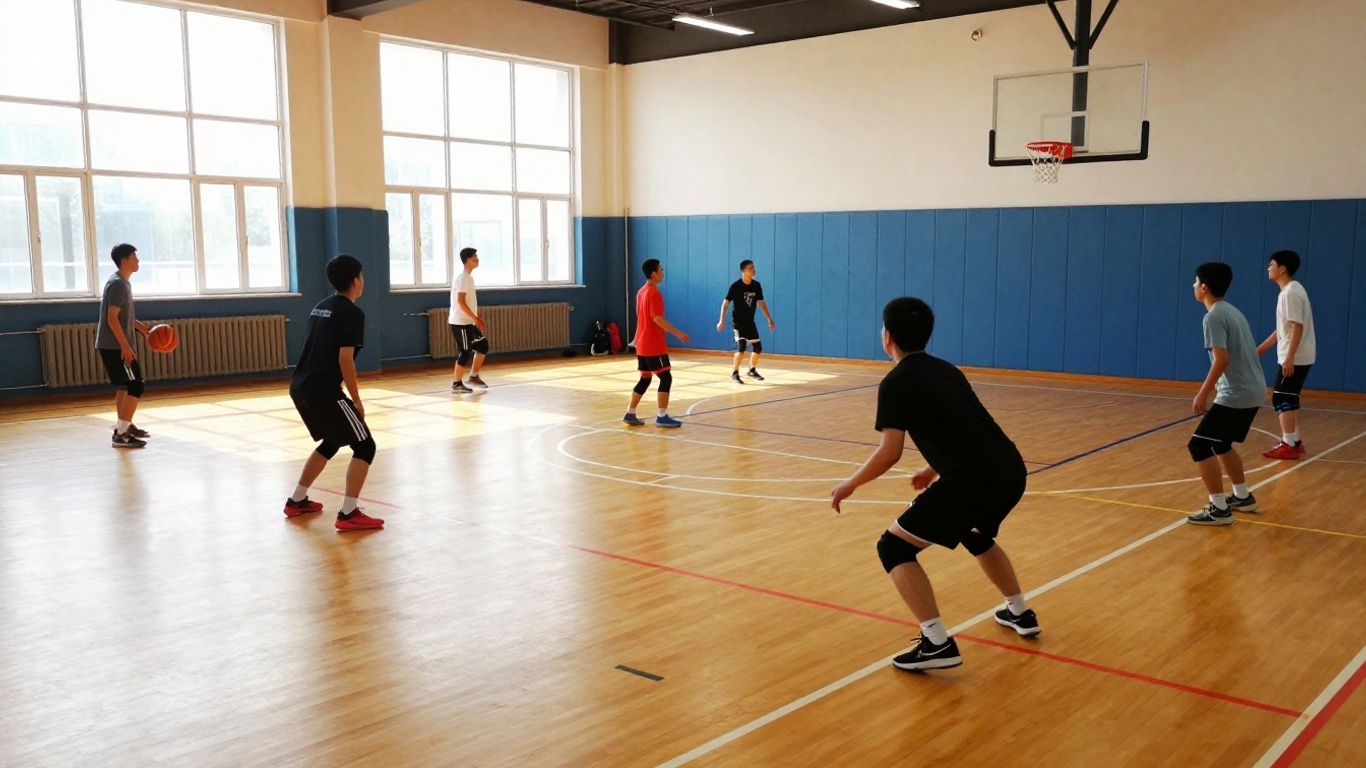 People playing sports inside a bright indoor stadium.
