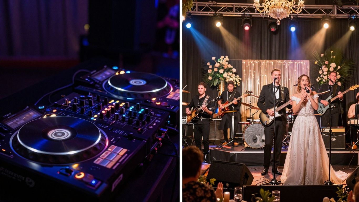 DJ booth versus live band at a wedding reception.