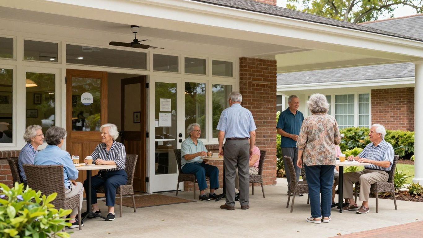 Senior living facility with residents and welcoming entrance.