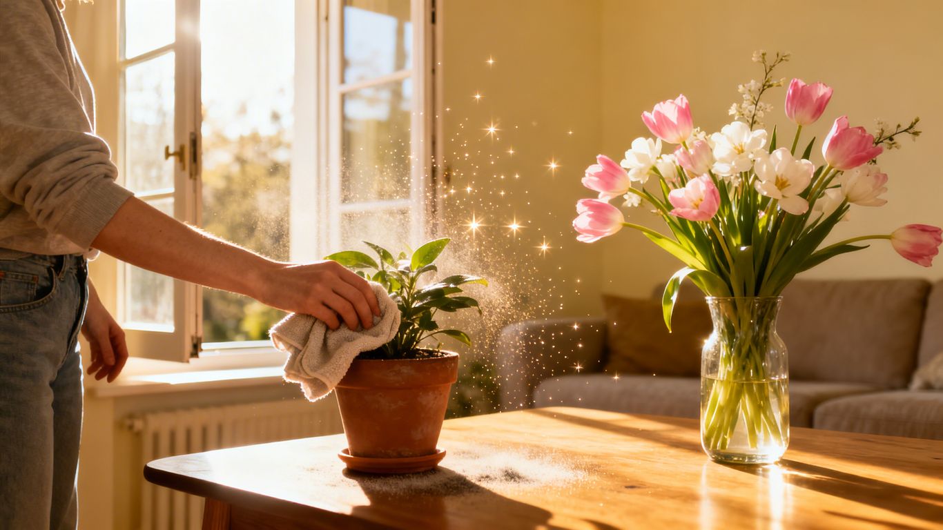 Person dusting plant near open window for allergy season.