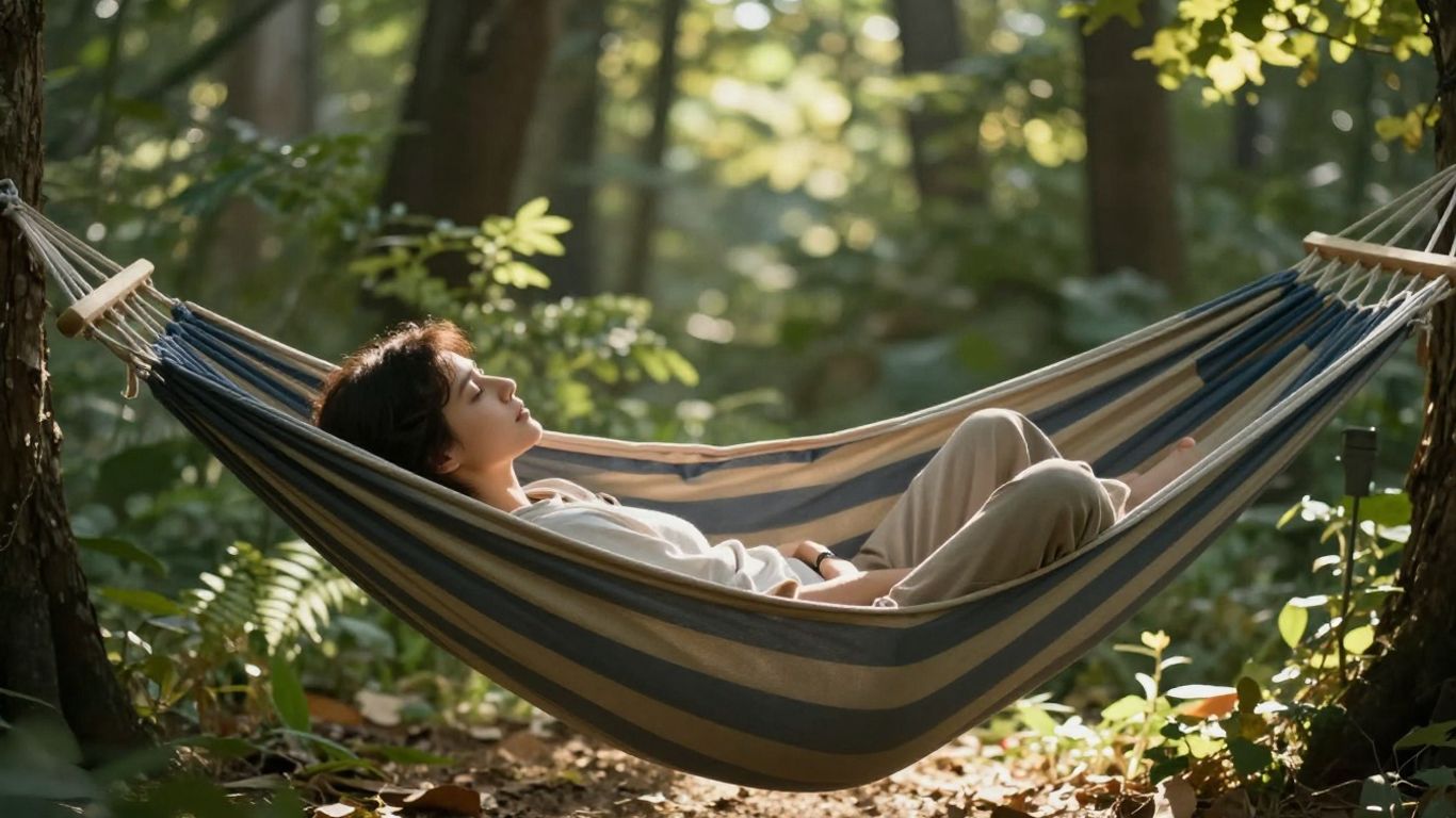 Person relaxing in a hammock outdoors.