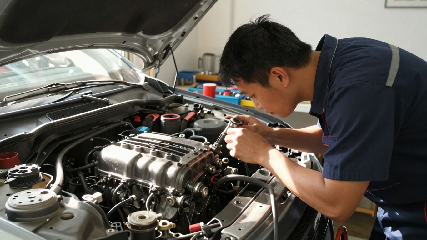 Mechanic inspecting a car engine in a workshop.