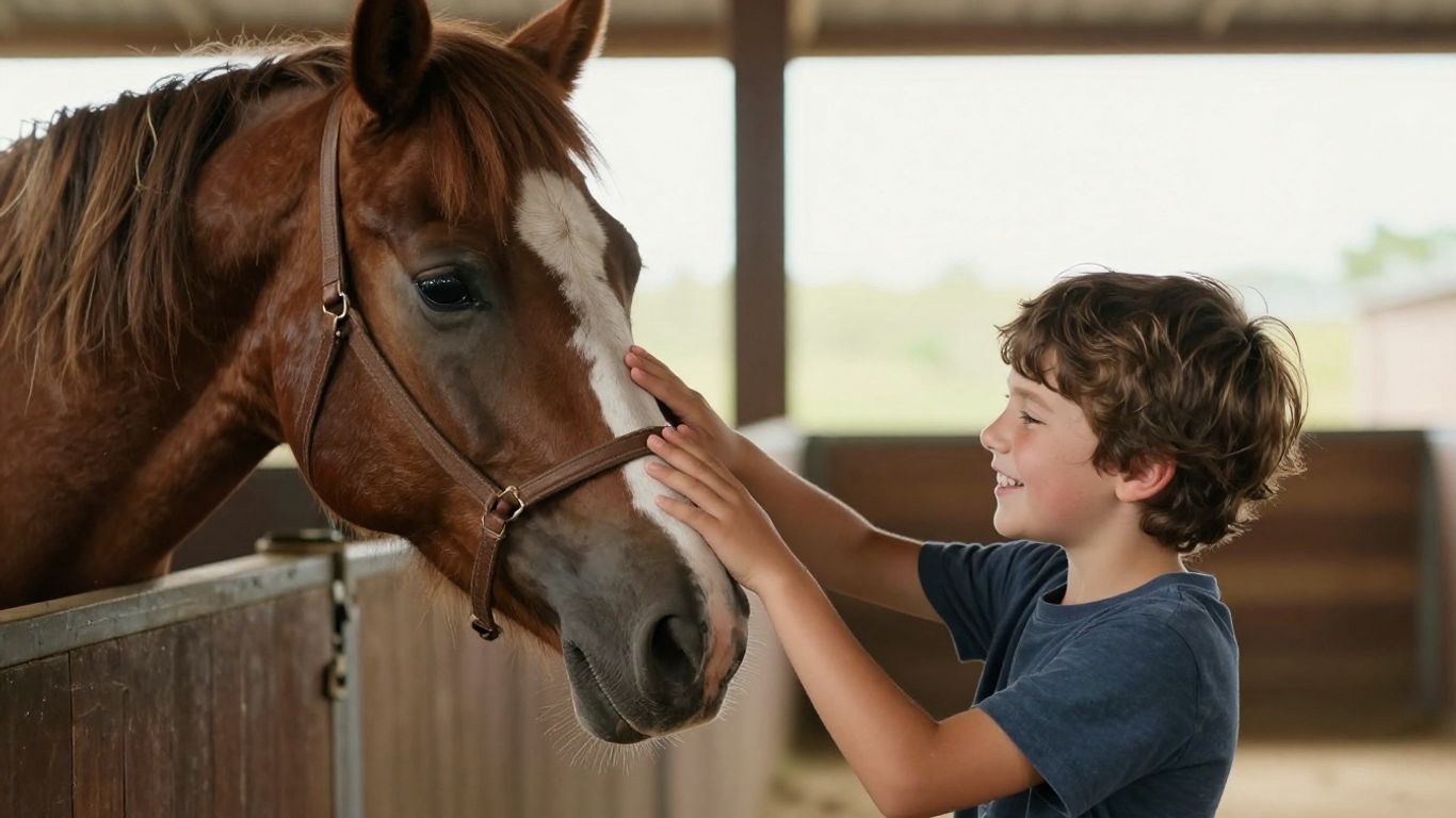 Enfant souriant caressant un cheval dans une écurie.