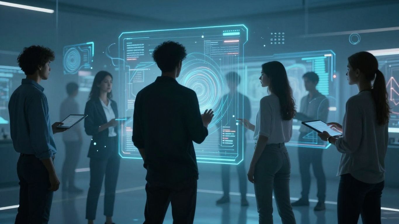 Diverse people interacting with futuristic holographic technology interfaces.