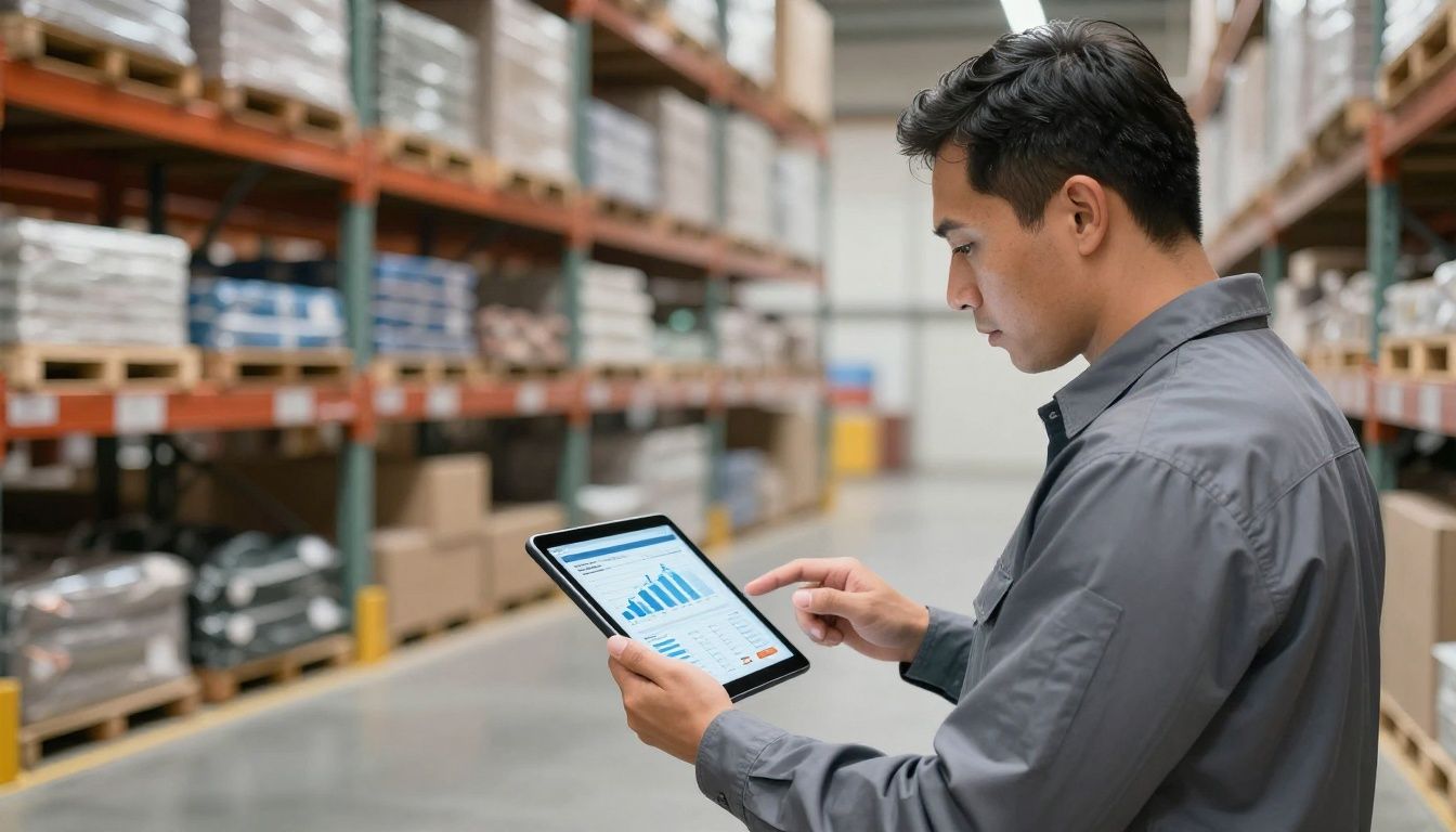 An illustration of a warehouse manager reviewing performance data on a tablet while on the warehouse floor.
