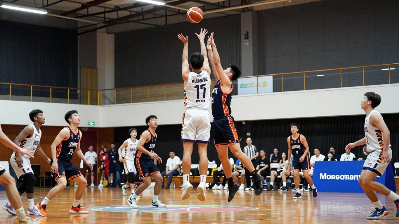 Moreton Bay Suns players in action on the basketball court.
