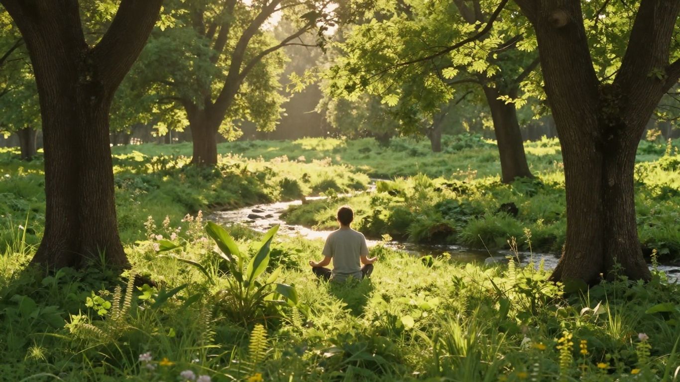 Person meditating in a peaceful natural setting.