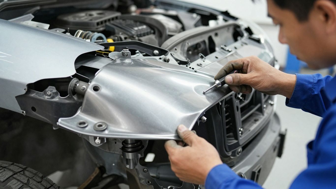 Hände prüfen Autoschaden in Werkstatt.