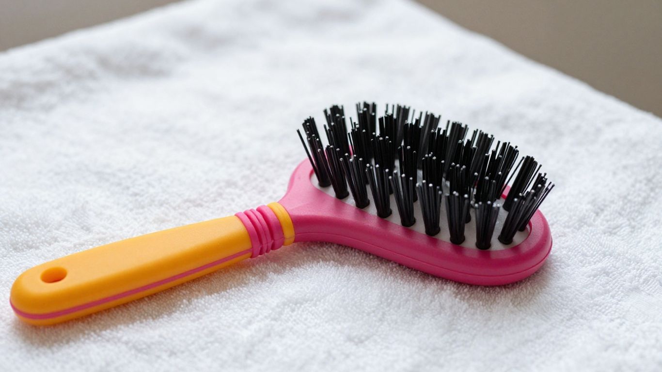 A vibrant, close up photograph of a colorful detangling brush on a soft towel.
