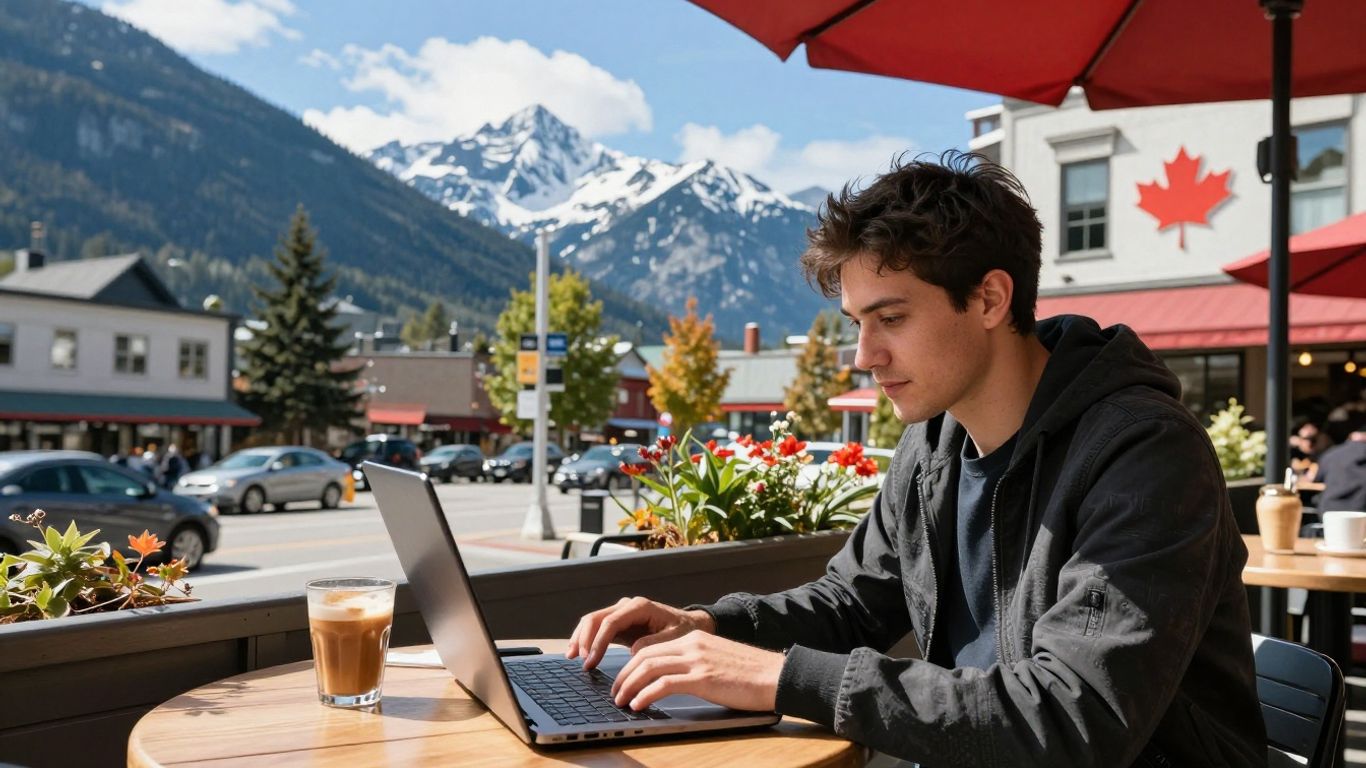 Digital nomad working outdoors in a Canadian city.