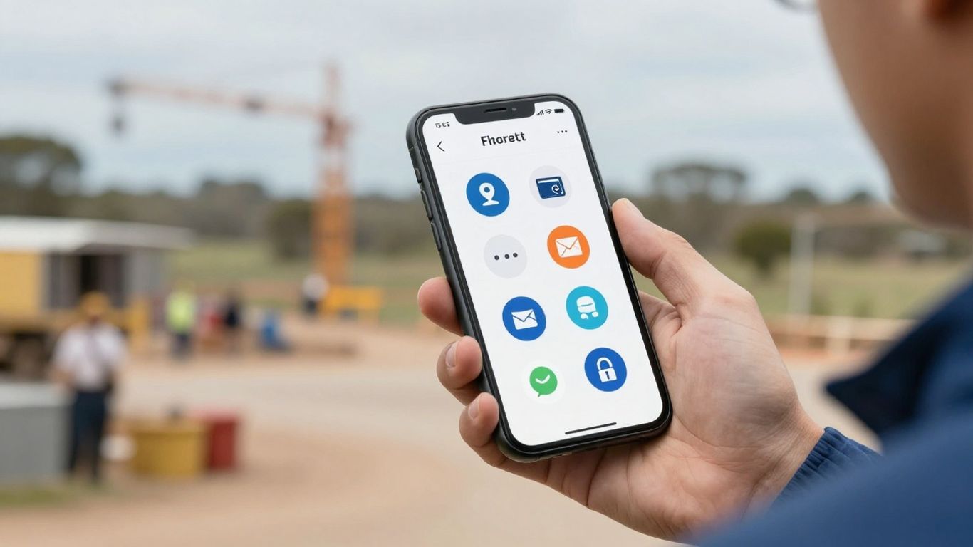 Tradie using smartphone for social media marketing in Australia.