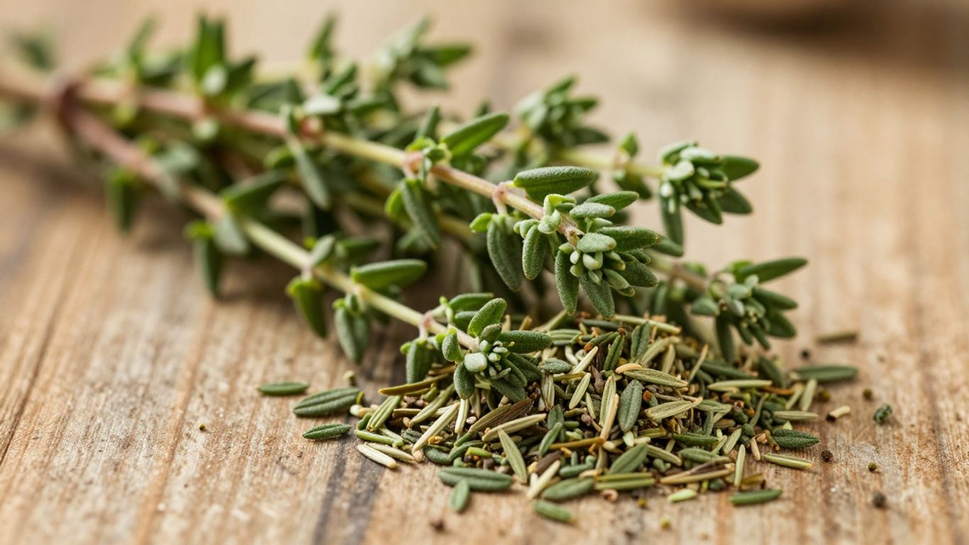 Tymianek w gałązkach i suszony na drewnianym tle.