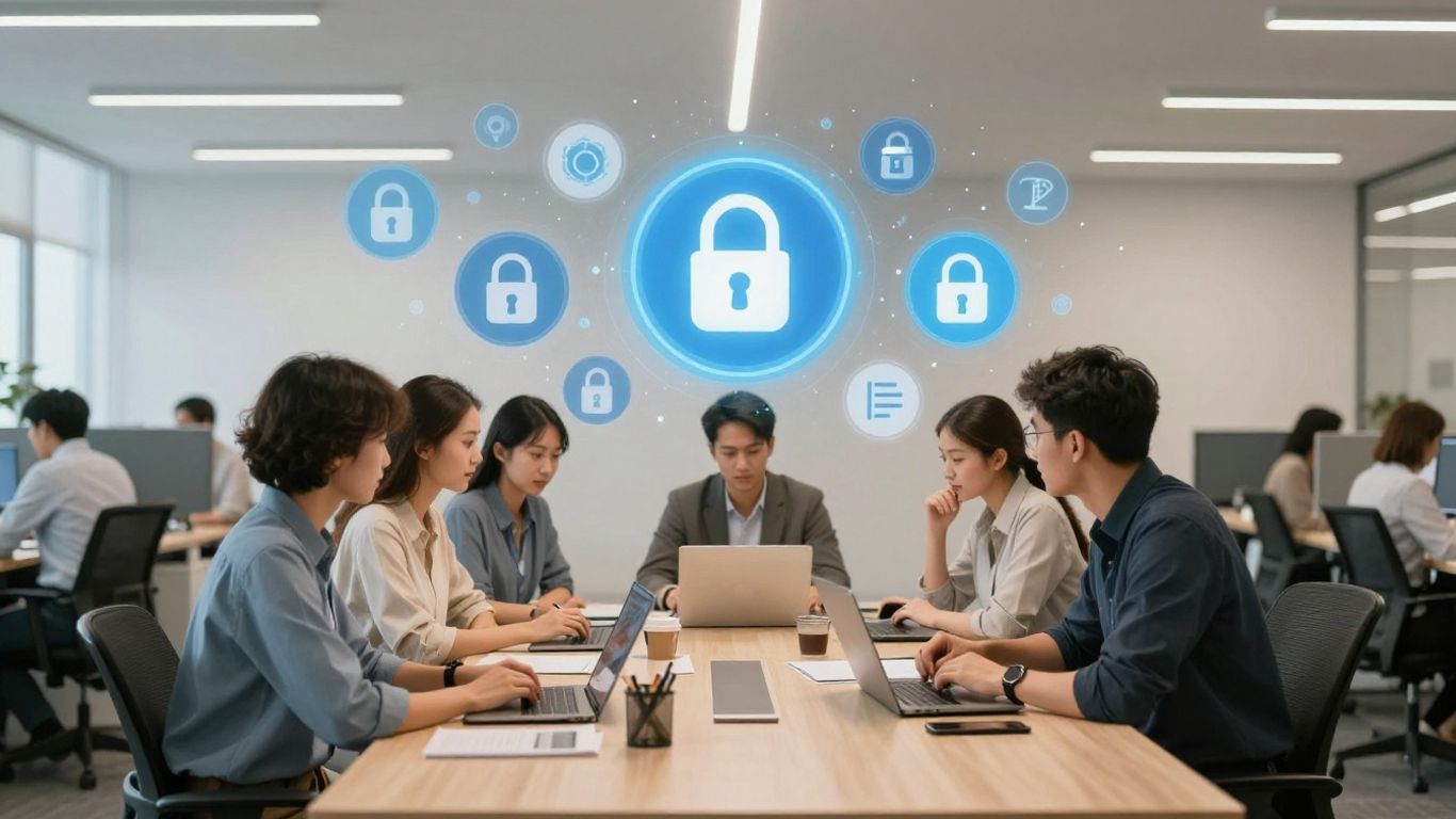 Business team collaborating with digital security icons in background.