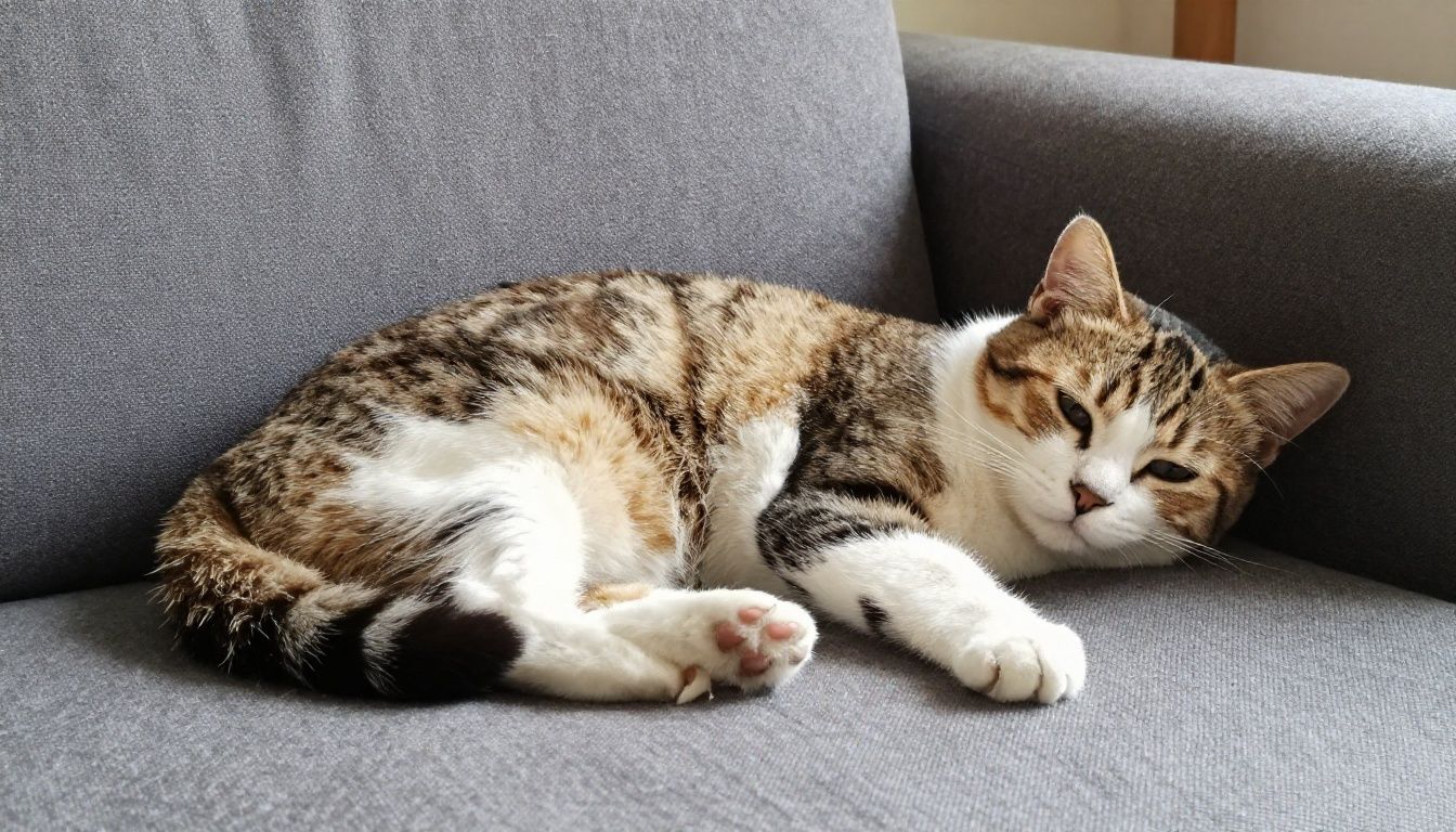 A cat relaxing peacefully on a sofa