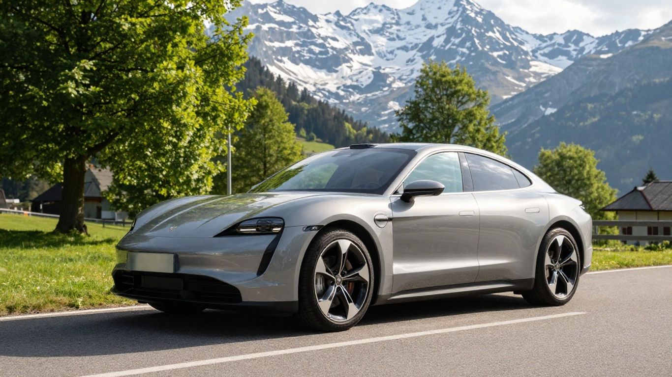 Elektroauto auf Schweizer Bergstraße mit Alpenpanorama