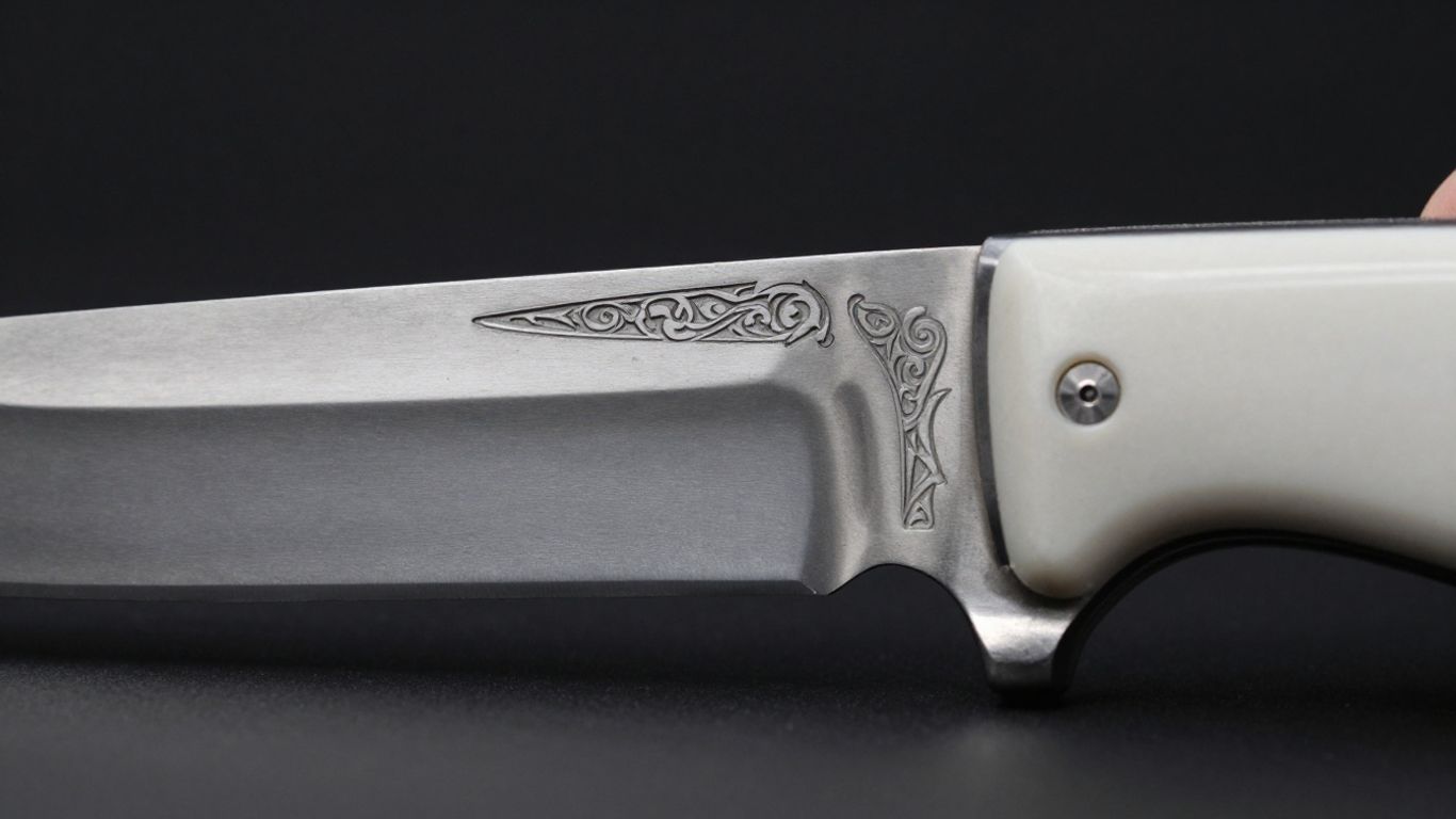 Close-up of a custom knife's blade and handle craftsmanship.