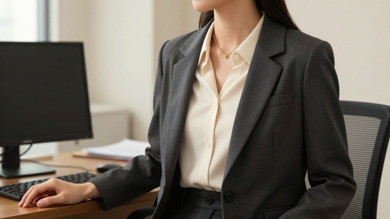 Gold chain styled with tailored office clothing