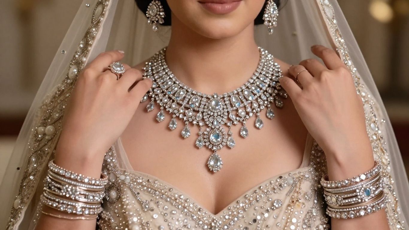 Bride wearing sparkling diamond wedding jewellery