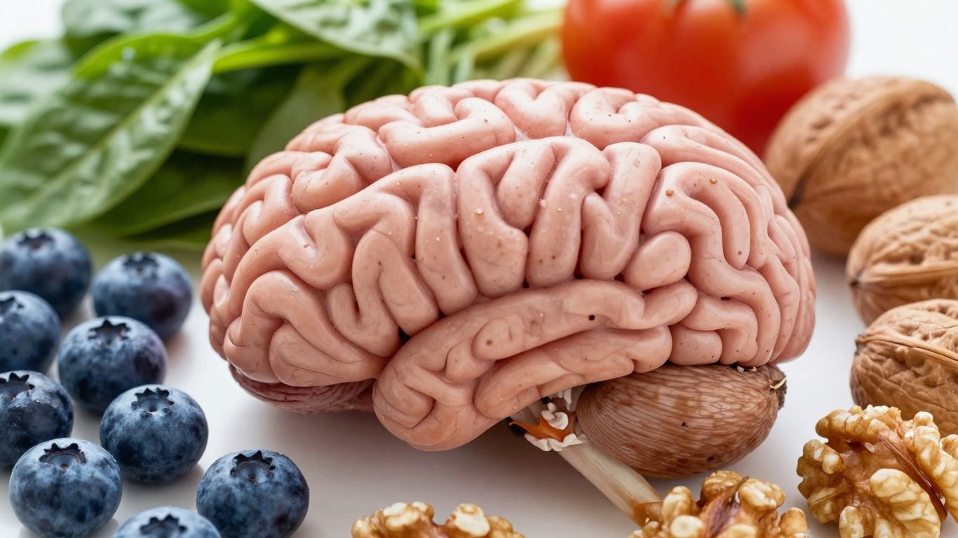 Brain surrounded by healthy foods like fruits and vegetables.