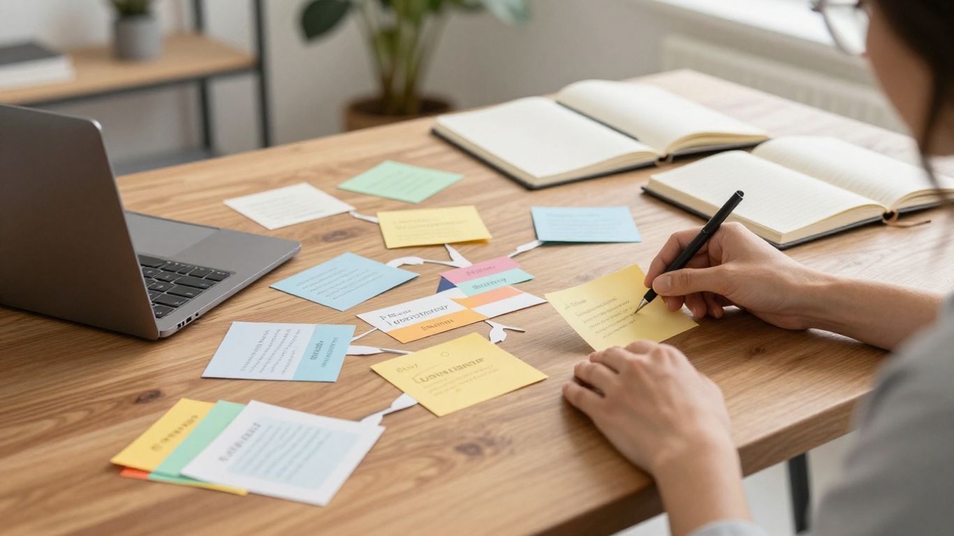 Content strategist arranging keyword notes into topic groups