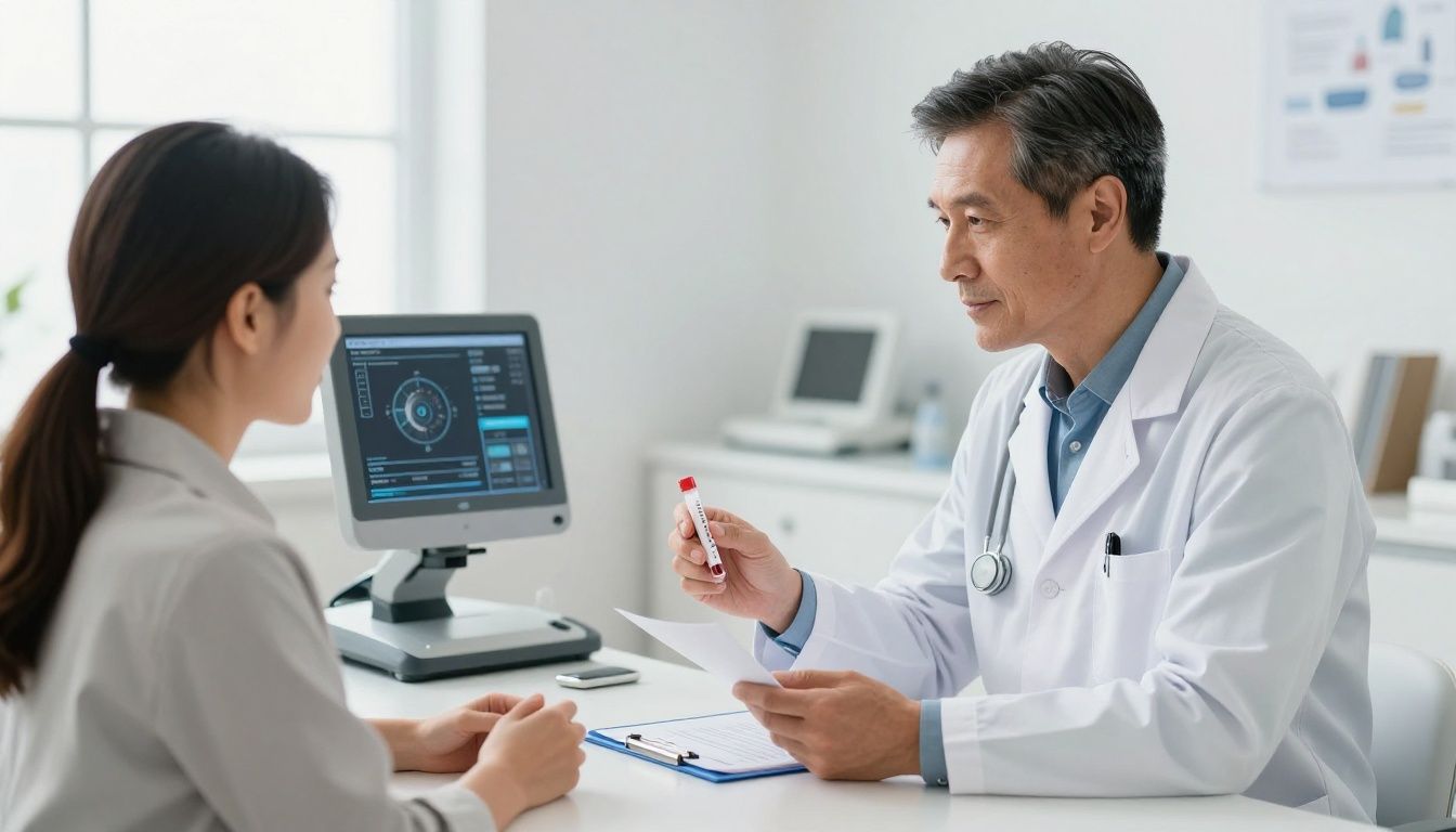 Realistic premium men’s health clinic scene with a confident white man in his 40s reviewing hormone lab results with a professional provider, modern upscale exam room, subtle medical technology, natural lighting, trustworthy and educational mood, no logos, no text