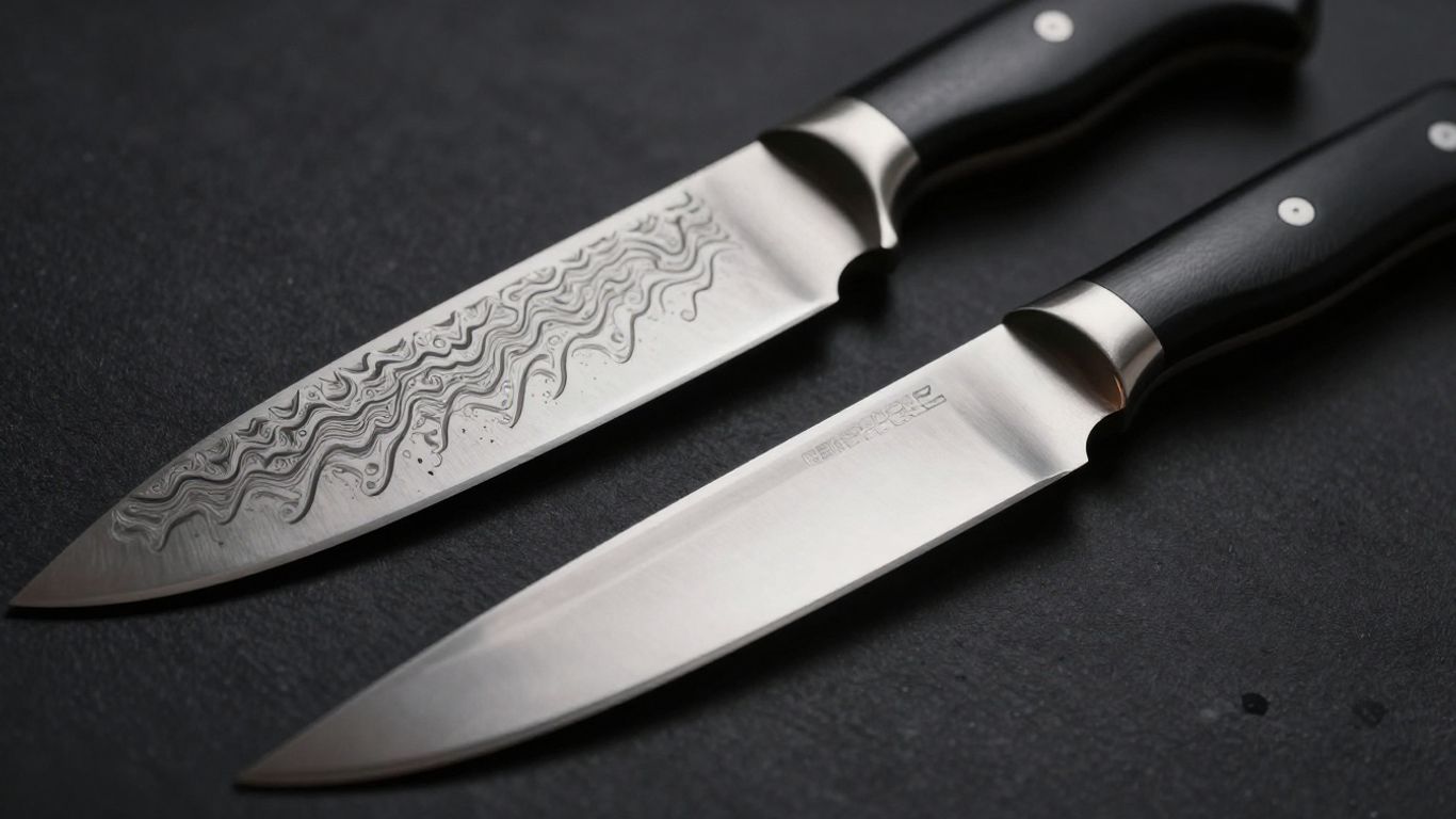 Damascus and stainless steel knives side-by-side.