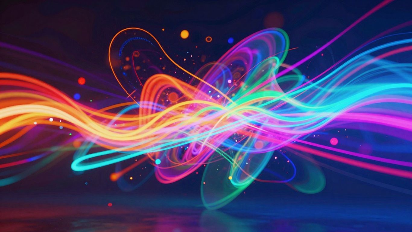 AI music visualizer with pulsing lights and abstract shapes.