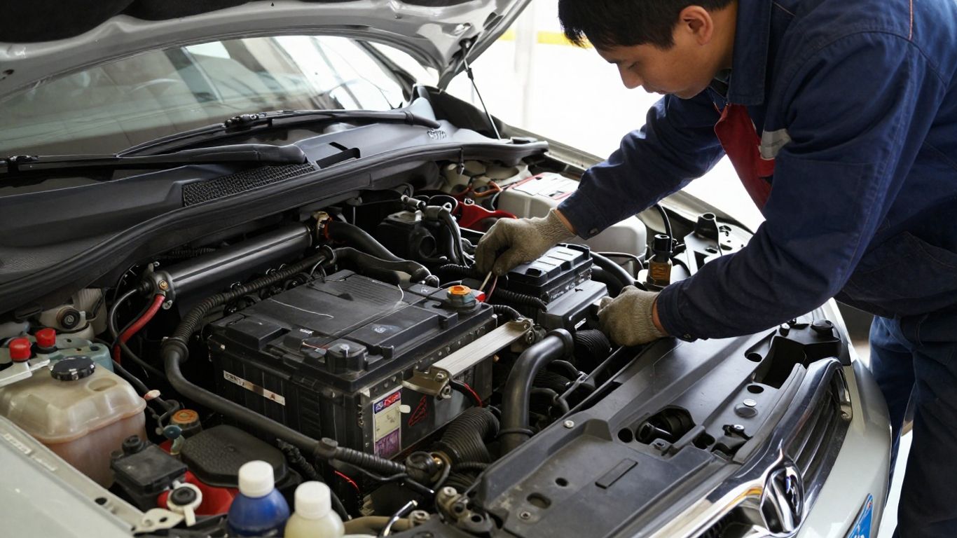 Mechanic testing a car battery in winter