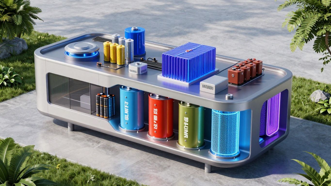 Diverse home energy storage battery modules surrounding a house.
