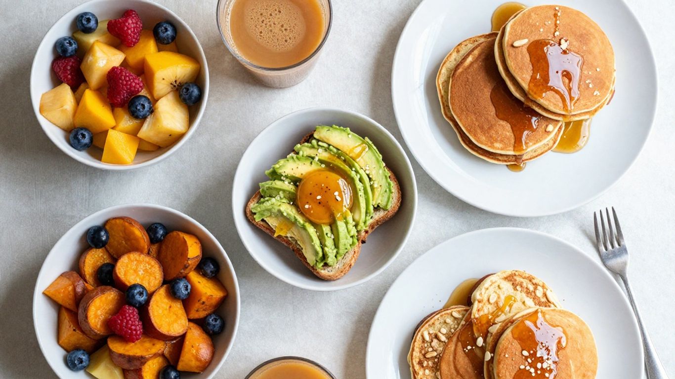Colorful paleo breakfast spread beyond eggs, featuring fruit and pancakes.