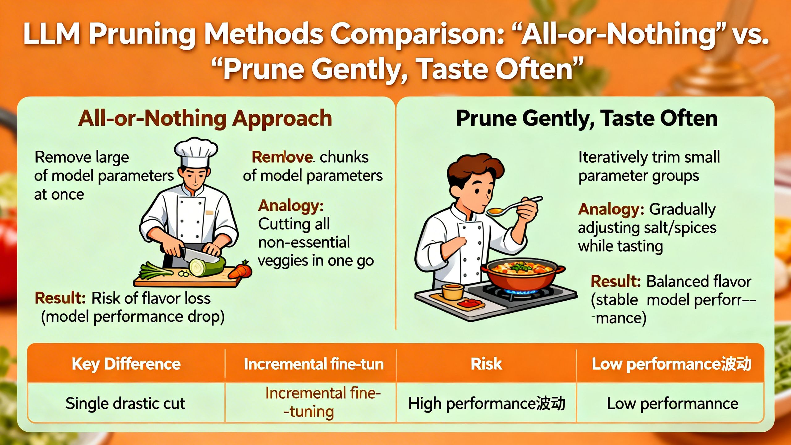 An infographic comparing the 'all-or-nothing' approach to LLM pruning with the 'Prune Gently, Taste Often' method, using a cooking analogy.