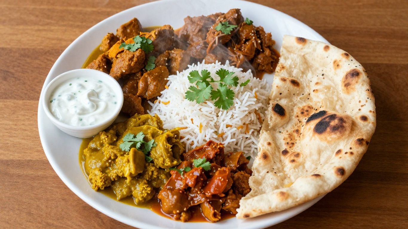 Delicious Indian meal with curries, rice, and naan.