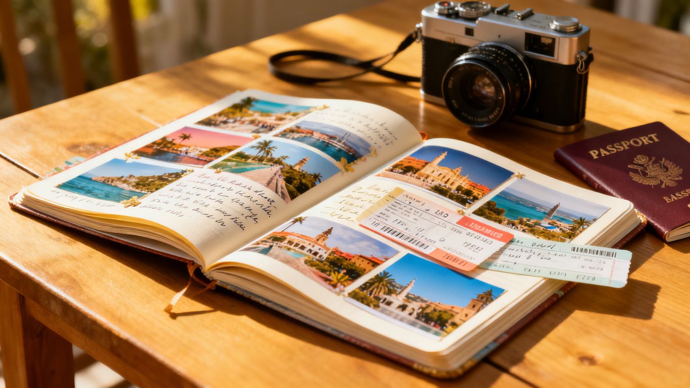 Scrapbook with travel photos and mementos.