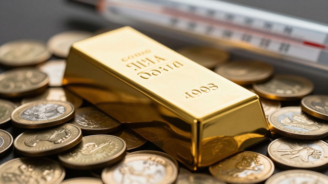 Lingot d'or sur des pièces, thermomètre symbolisant l'inflation.
