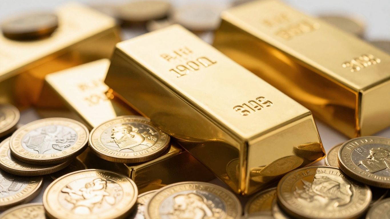 闪亮的金条和金币。