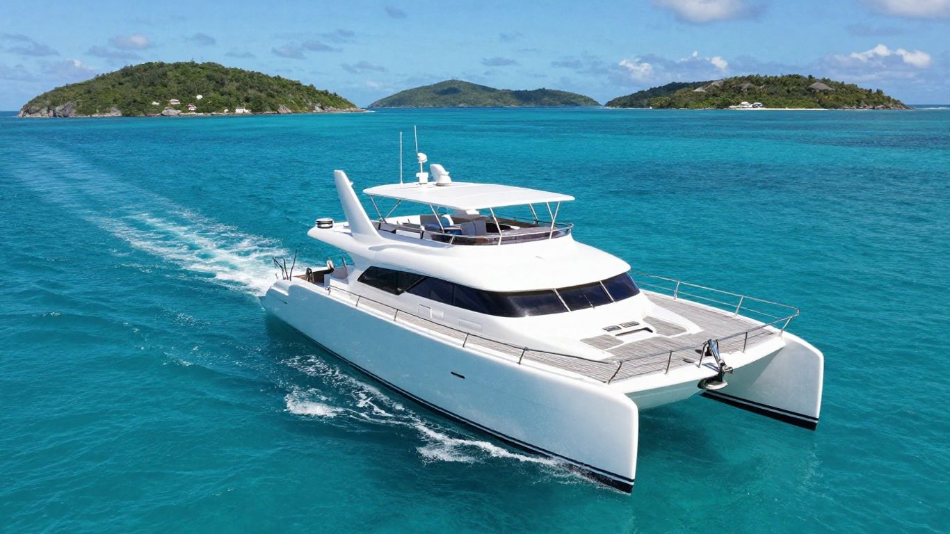 Power catamaran sailing in the British Virgin Islands.