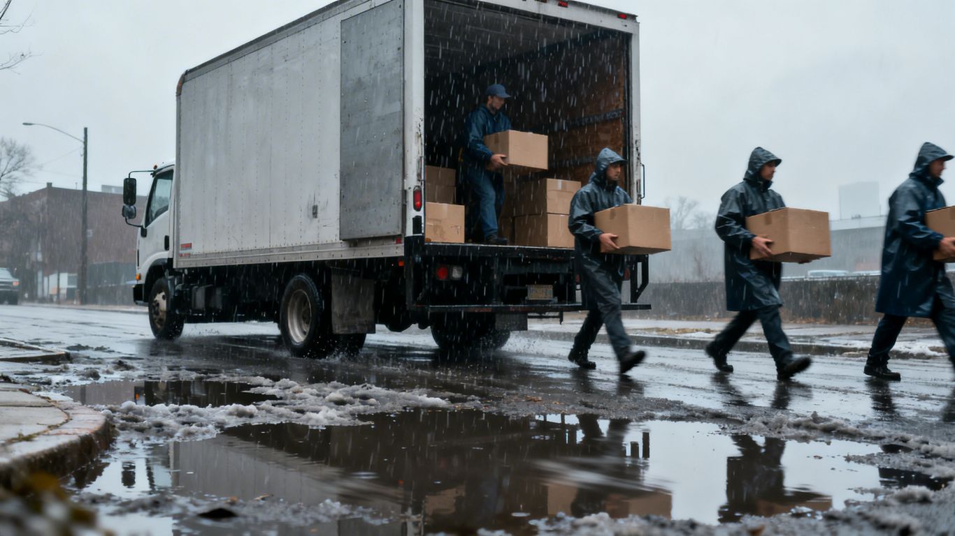 Moving truck in rain and slush.