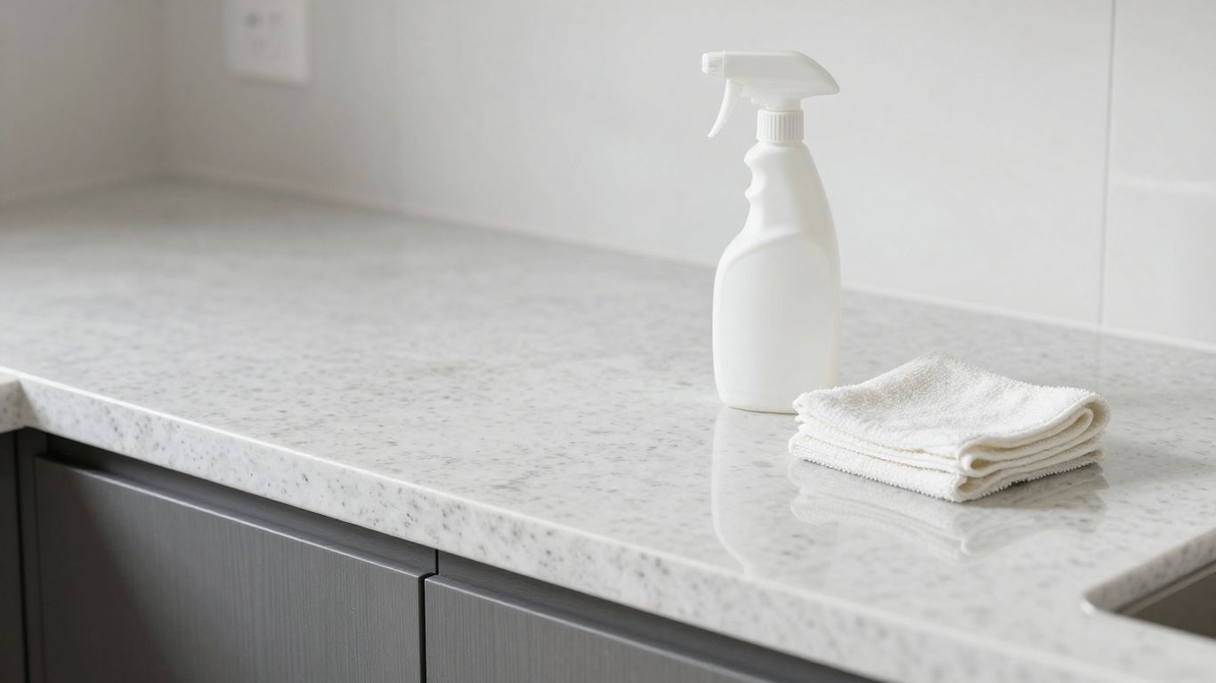 Clean quartzite countertop with cleaning supplies.