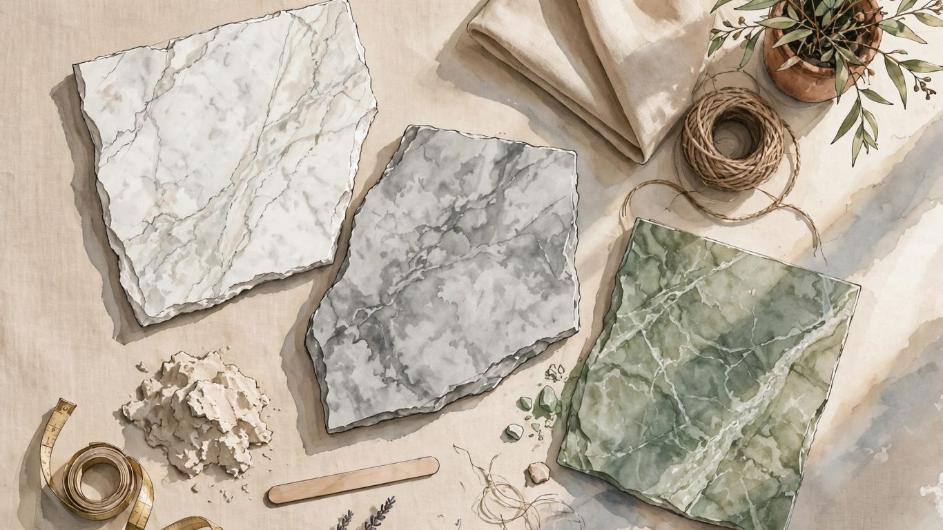 White gray and green marble tile samples