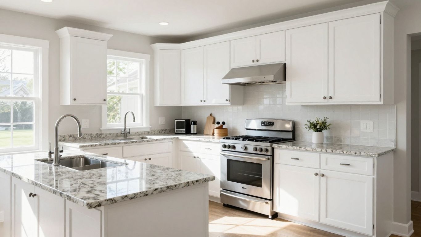 Dacula kitchen with white shaker cabinets and granite countertops.