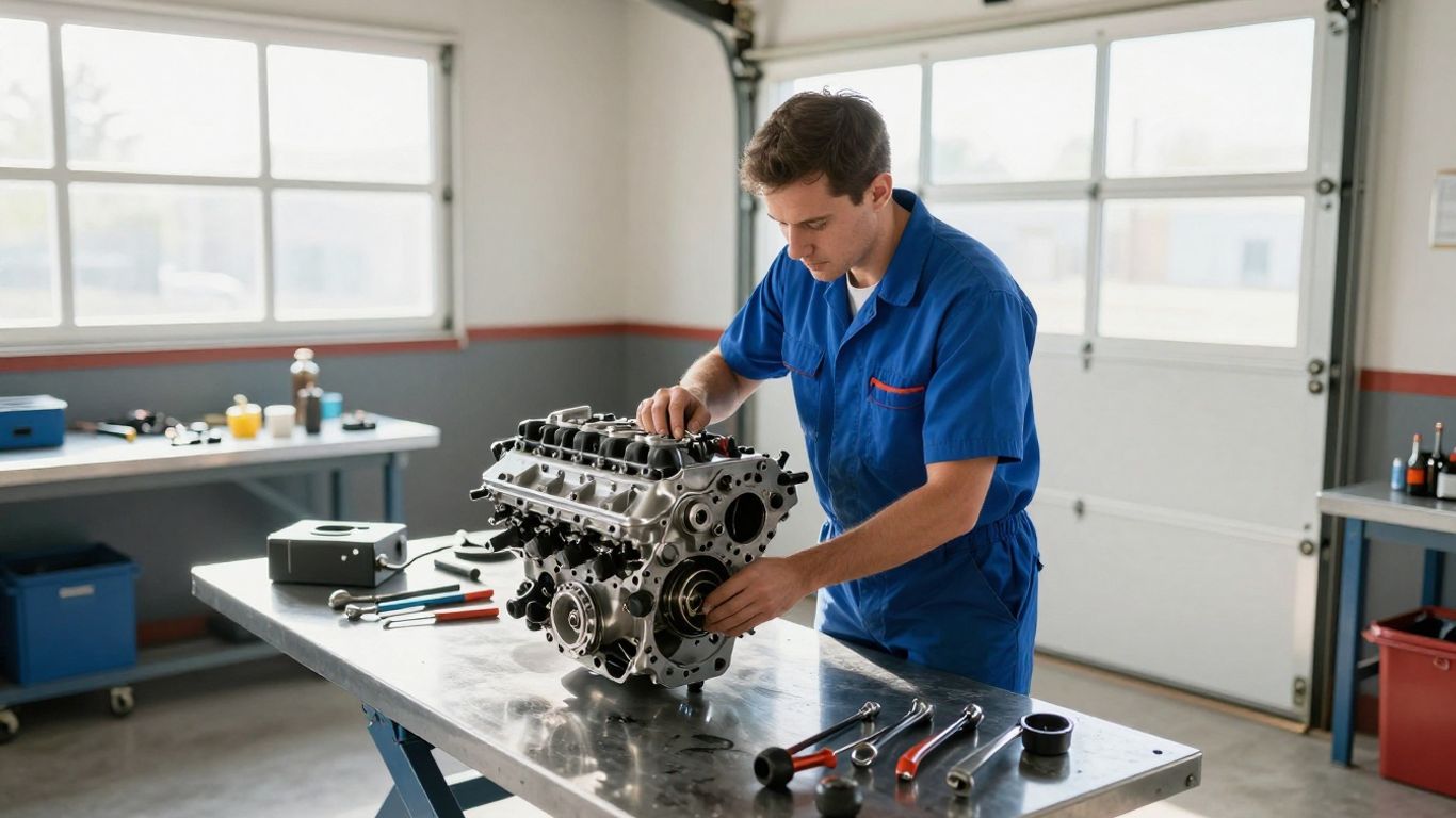 Mechanic installing a Nissan engine in Parramatta workshop.