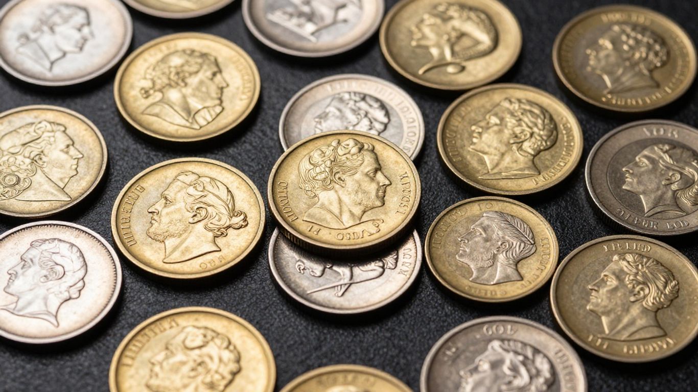 Collection of valuable coins, gold and silver, with intricate designs.